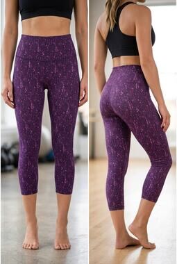 RB3 Women's Cropped Leggings Workout Capris Paint Splatter Plum Purple Sz M